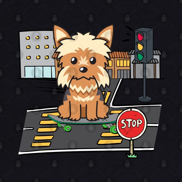 Funny yorkshire terrier is on a skateboard by Pet Station